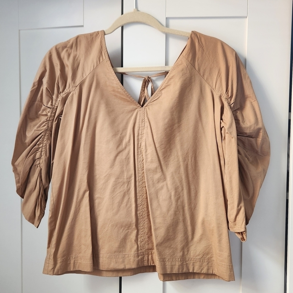 LOFT Brown V-Neck Top with Ruched Sleeves